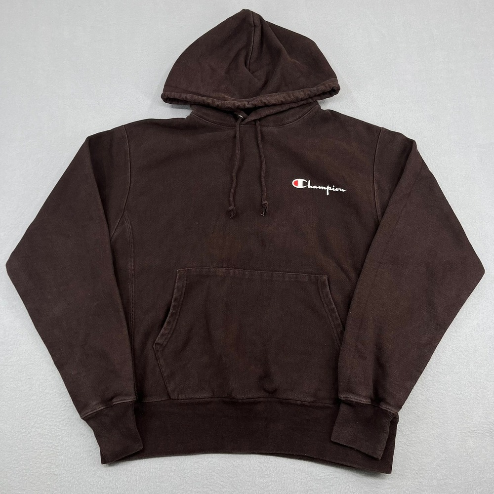 Champion Reverse Weave Mens Brown Hoodie Script Logo Sweatshirt Size M